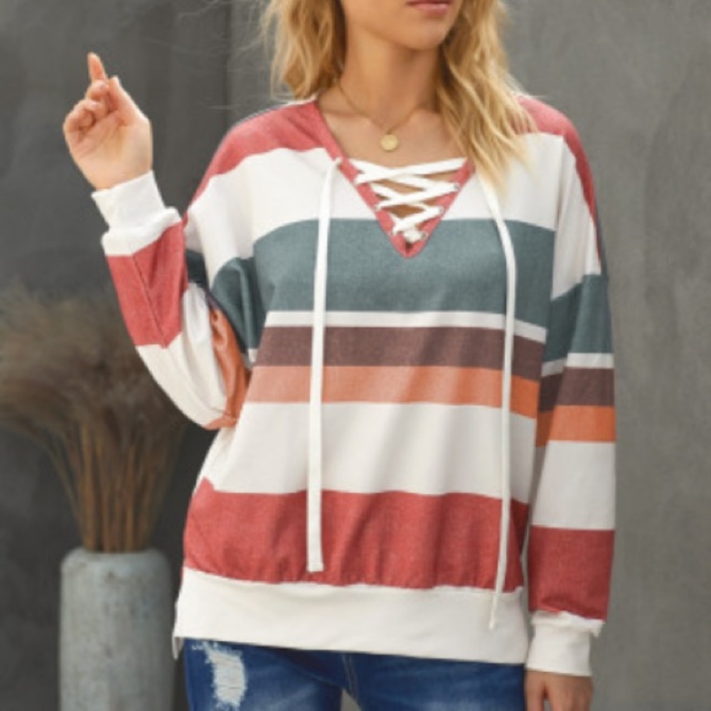Striped Long Sleeve laced Up V-Neck Sweatshirt